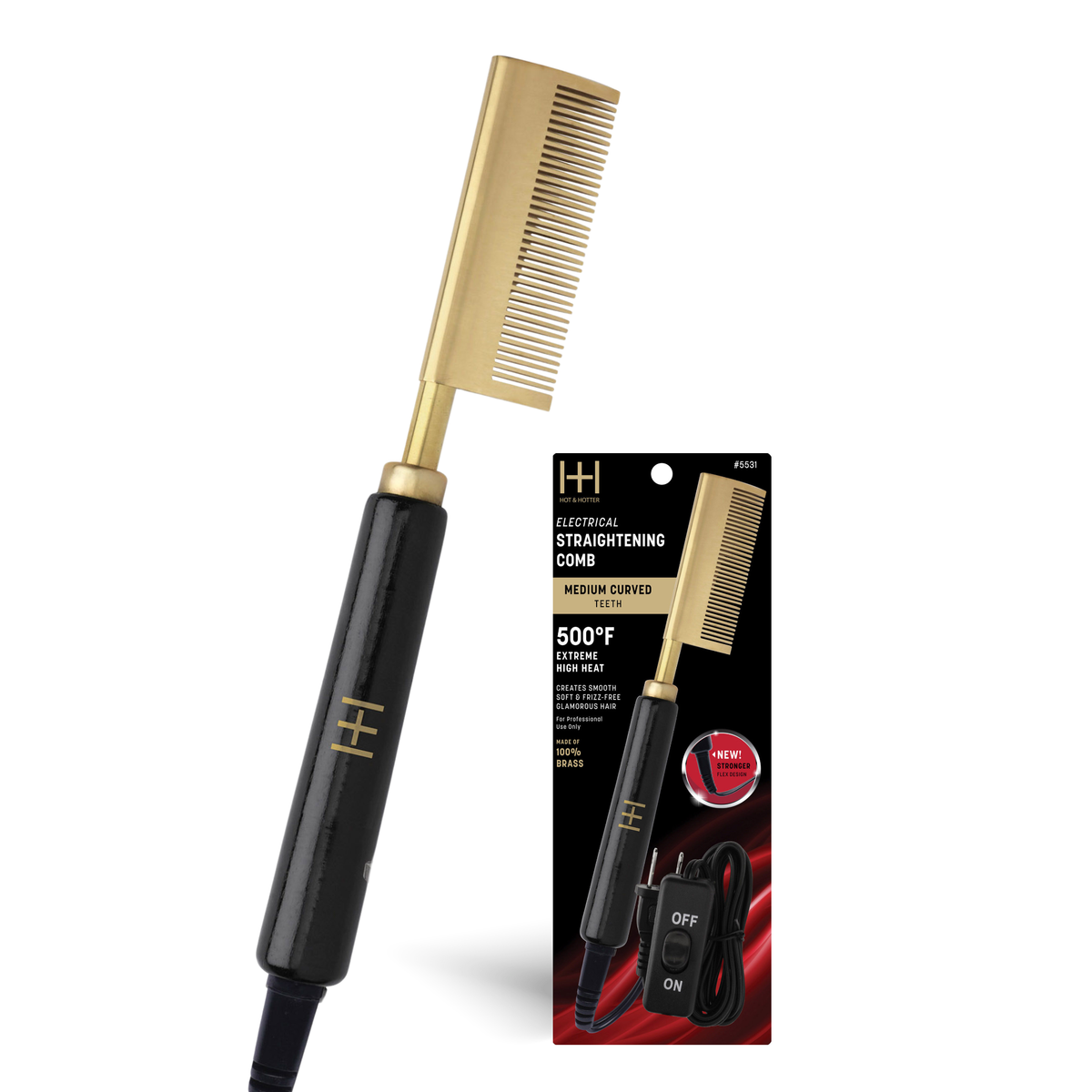 Hot & Hotter Electric Straightening Comb Medium Curved Teeth, 1 Count, Black & Gold: Default Title